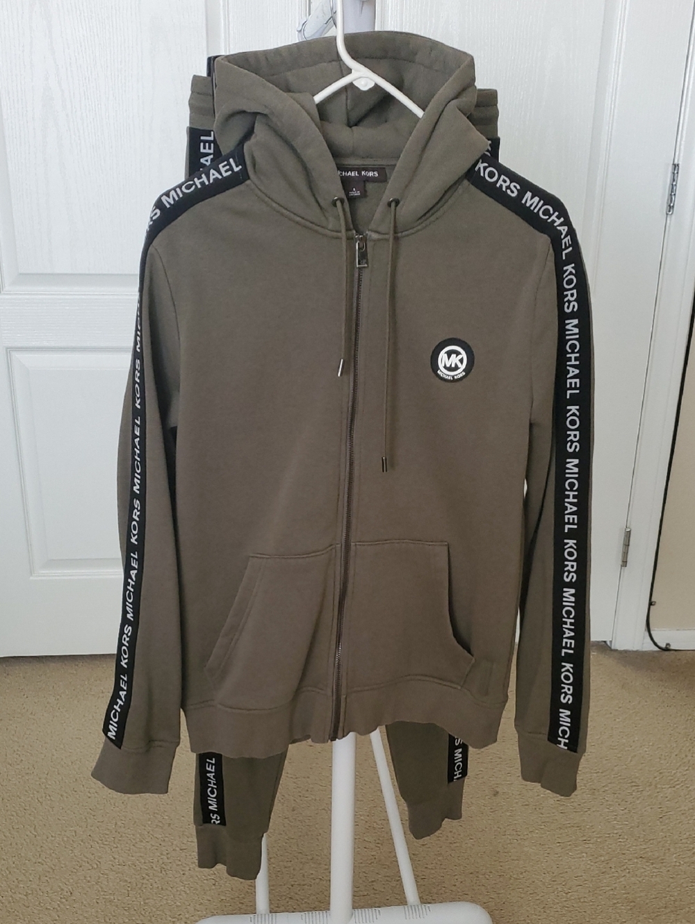 Michael Kors Olive Zip-Up Hoodie with Logo Tape